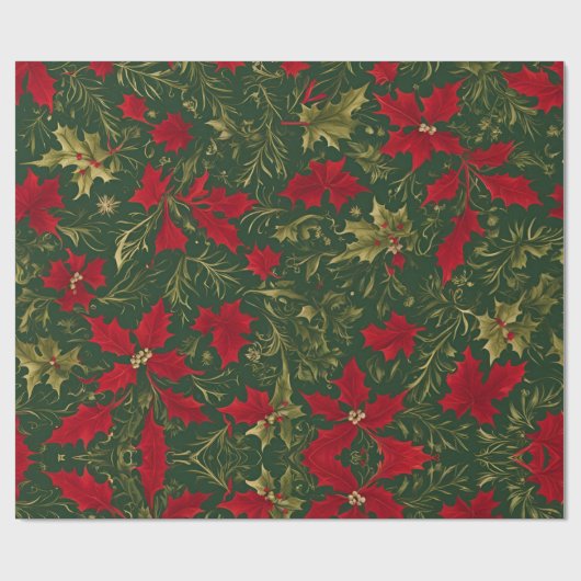 Groen Goud en rood Kerst Holly Bloem Cadeaupapier (Vlak)