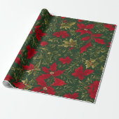 Groen Goud en rood Kerst Holly Bloem Cadeaupapier (Uitgerold)