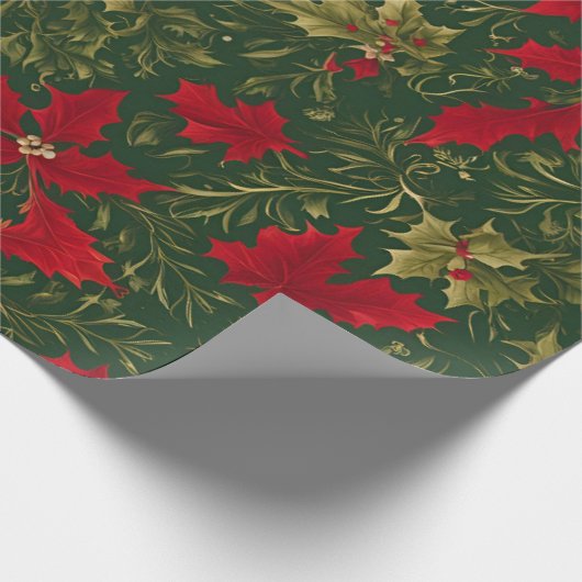 Groen Goud en rood Kerst Holly Bloem Cadeaupapier (Hoek)