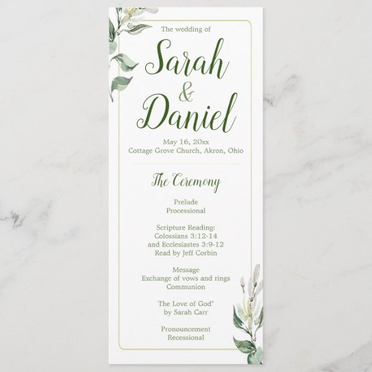 Groen, Goud en Wit Bloemen Trouwprogramma Programmakaart (Voorkant)