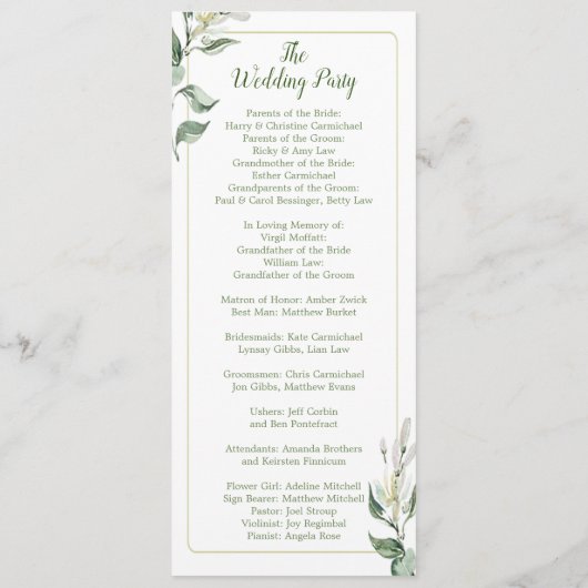 Groen, Goud en Wit Bloemen Trouwprogramma Programmakaart (Achterkant)