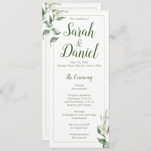 Groen, Goud en Wit Bloemen Trouwprogramma Programmakaart (Voorkant / Achterkant)