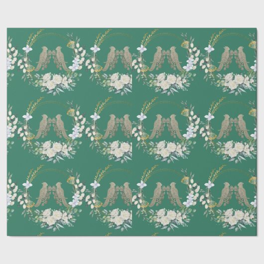 Groen goud en witte vogels rozen inpakpapier (Zoom)