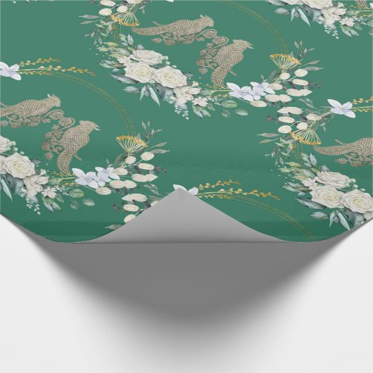 Groen goud en witte vogels rozen inpakpapier (Hoek)