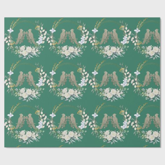 Groen goud en witte vogels rozen inpakpapier (Vlak)