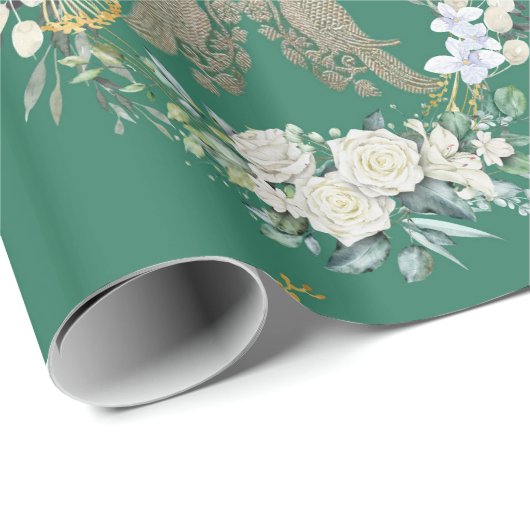 Groen goud en witte vogels rozen inpakpapier (Rol Hoek)