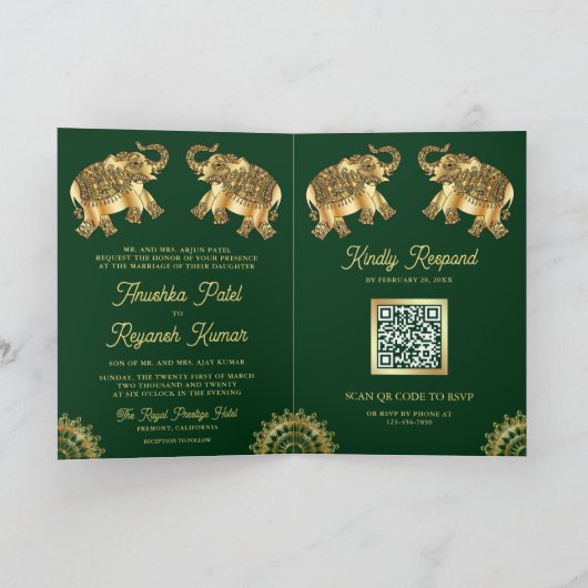 Groen Goud Etnische Olifanten Indiase QR Code Brui (Binnen)