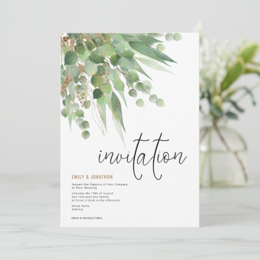 Groen Goud Eucalyptus Blad Elegant Script Bruiloft Kaart (Staand voorkant)
