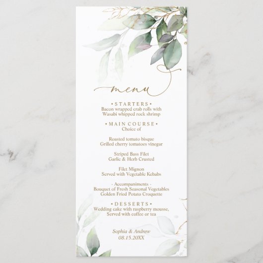 Groen & Goud Eucalyptus Bloemen Bruiloft Menu (Voorkant)