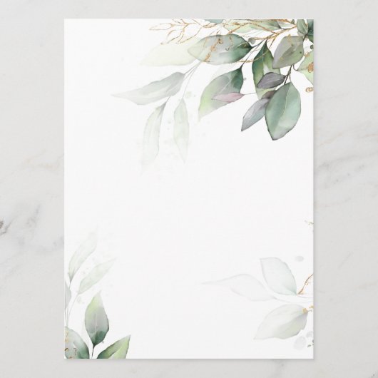 Groen & Goud Eucalyptus Bloemen Bruiloft Menu (Achterkant)