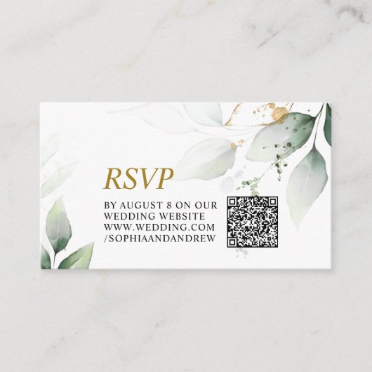 Groen & Goud Eucalyptus Bruiloft QR Code RSVP Informatiekaartje (Voorkant)
