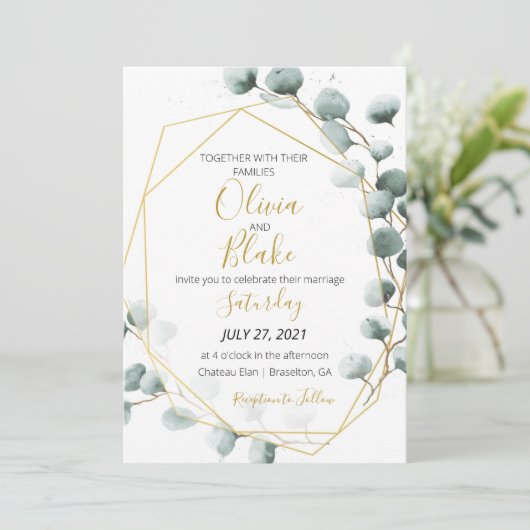 Groen & Goud Eucalyptus Bruiloft uitnodiging (Staand voorkant)