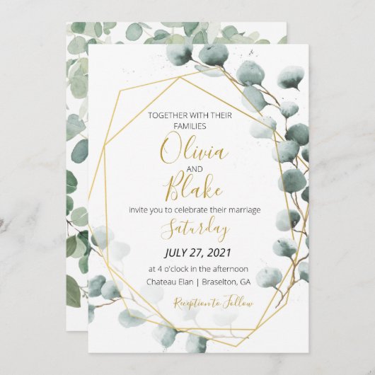 Groen & Goud Eucalyptus Bruiloft uitnodiging (Voorkant / Achterkant)