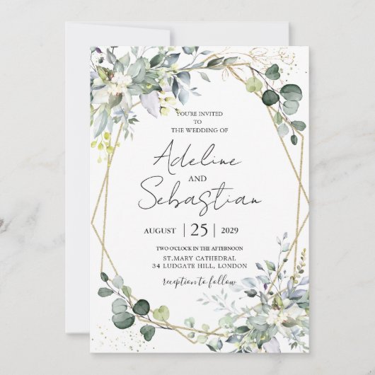 Groen Goud Eucalyptus Foliage Geometrische bruilof Kaart (Voorkant)
