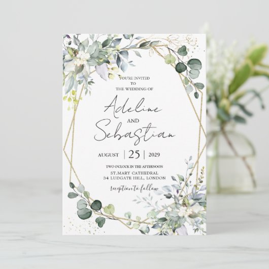 Groen Goud Eucalyptus Foliage Geometrische bruilof Kaart (Staand voorkant)