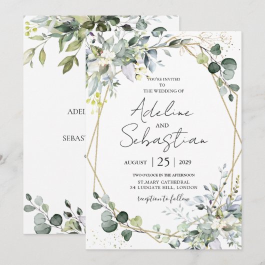 Groen Goud Eucalyptus Foliage Geometrische bruilof Kaart (Voorkant / Achterkant)