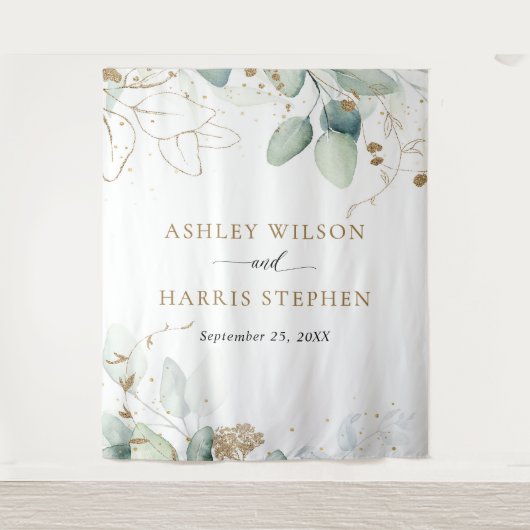Groen Goud Eucalyptus Rustiek Huwelijk Wandkleed (Voorkant)