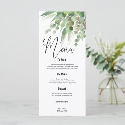 Groen Goud Eucalyptus Verlaat Script bruiloft Menu (Staand voorkant)