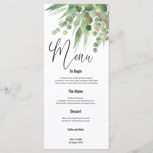Groen Goud Eucalyptus Verlaat Script bruiloft Menu (Voorkant)