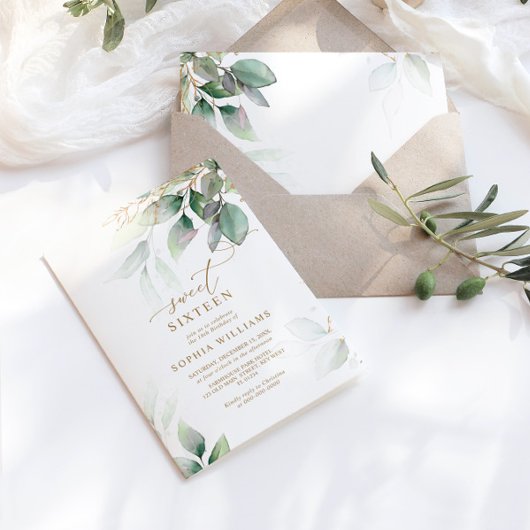 Groen & Goud Eucalyptus Zoet 16 Verjaardag Kaart