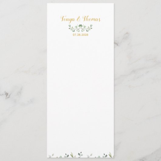 Groen & Goud Fancy Kalligrafie Bruiloft Diner Menu (Achterkant)