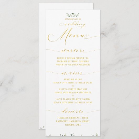 Groen & Goud Fancy Kalligrafie Bruiloft Diner Menu (Voorkant / Achterkant)