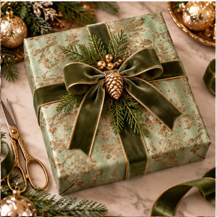 Groen & Goud Fluwelen Damast Kerststuk Cadeaupapier