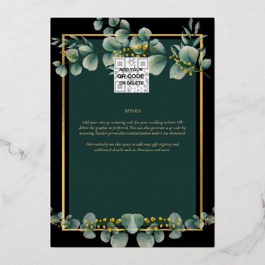 Groen Goud Folie FOTOCODES Huwelijksdatum Bewaren Folie Uitnodiging (Achterkant)