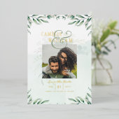 Groen Goud Folie FOTOCODES Huwelijksdatum Bewaren Folie Uitnodiging (Staand Voorkant)