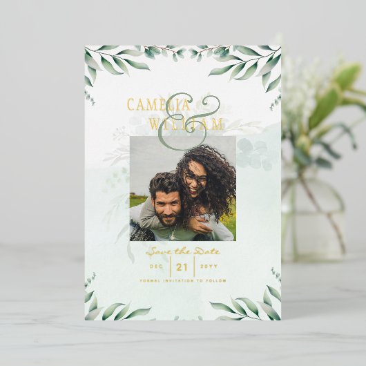 Groen Goud Folie FOTOCODES Huwelijksdatum Bewaren Folie Uitnodiging (Staand Voorkant)
