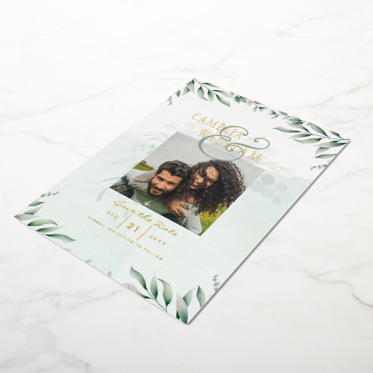 Groen Goud Folie FOTOCODES Huwelijksdatum Bewaren Folie Uitnodiging (Gedraaid)