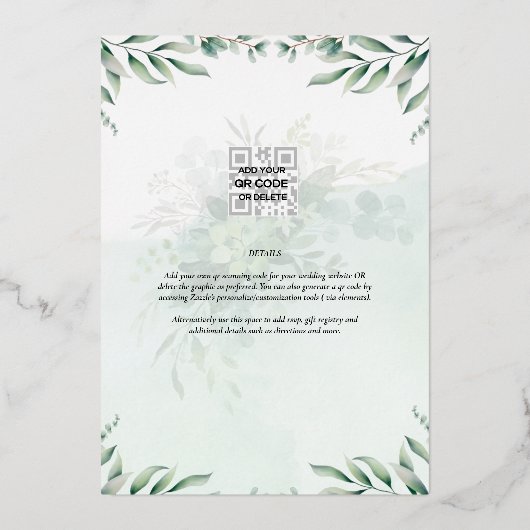 Groen Goud Folie FOTOCODES Huwelijksdatum Bewaren Folie Uitnodiging (Achterkant)