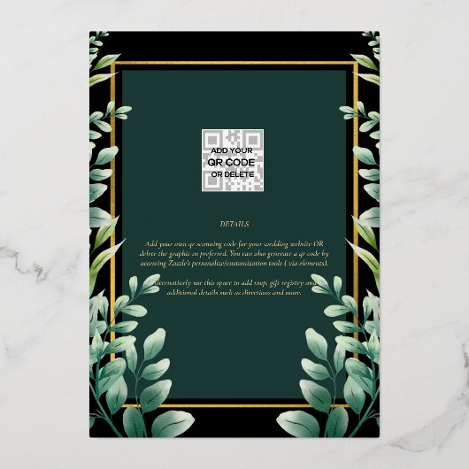 Groen Goud Folie FOTOCODES Huwelijksdatum Bewaren Folie Uitnodiging (Achterkant)