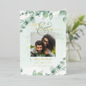 Groen Goud Folie FOTOCODES Huwelijksdatum Bewaren Folie Uitnodiging (Staand Voorkant)