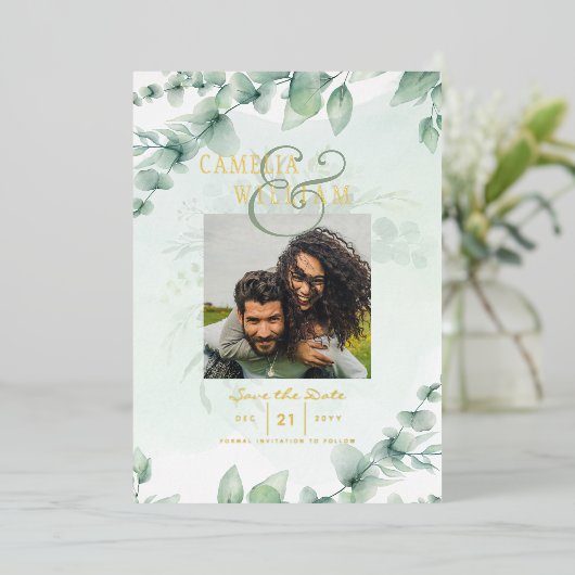 Groen Goud Folie FOTOCODES Huwelijksdatum Bewaren Folie Uitnodiging (Staand Voorkant)