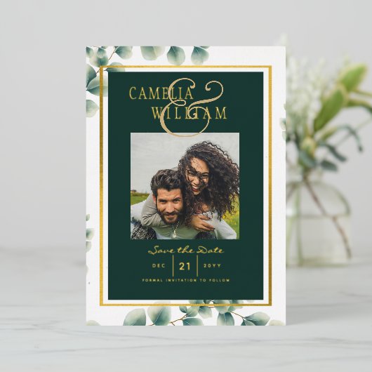 Groen Goud Folie FOTOCODES Huwelijksdatum Bewaren Folie Uitnodiging (Staand Voorkant)