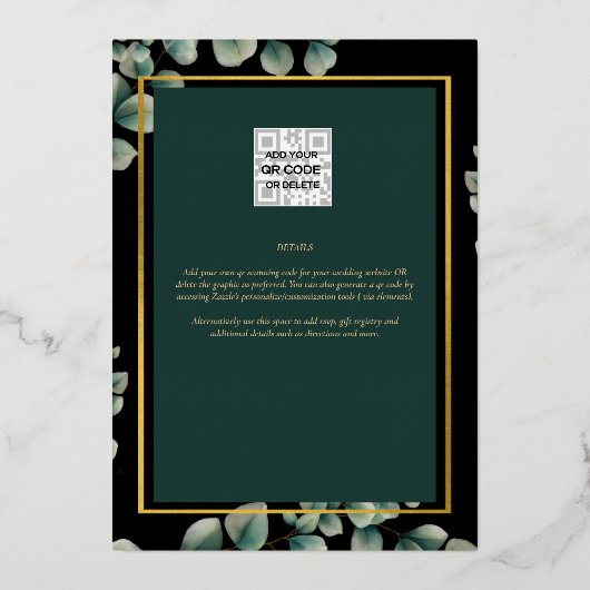 Groen Goud Folie FOTOCODES Huwelijksdatum Bewaren Folie Uitnodiging (Achterkant)