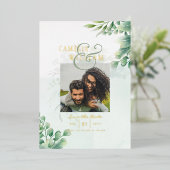 Groen Goud Folie FOTOCODES Huwelijksdatum Bewaren Folie Uitnodiging (Staand Voorkant)