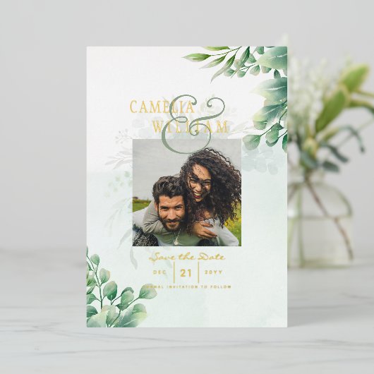Groen Goud Folie FOTOCODES Huwelijksdatum Bewaren Folie Uitnodiging (Staand Voorkant)