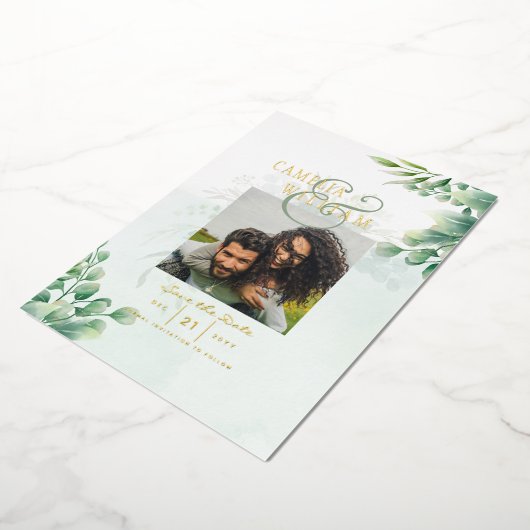 Groen Goud Folie FOTOCODES Huwelijksdatum Bewaren Folie Uitnodiging (Gedraaid)