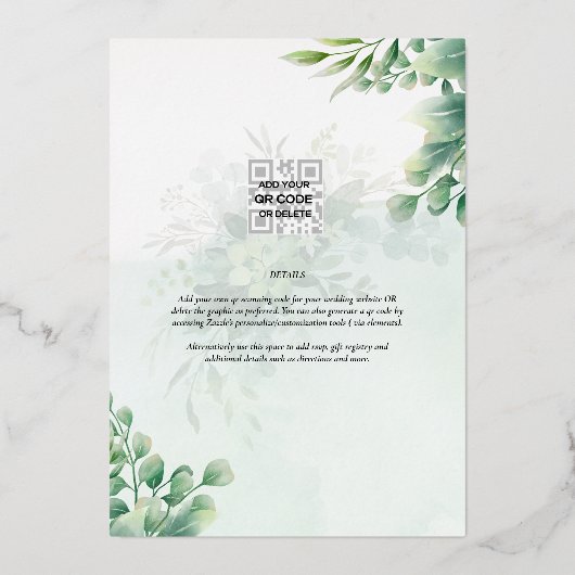 Groen Goud Folie FOTOCODES Huwelijksdatum Bewaren Folie Uitnodiging (Achterkant)