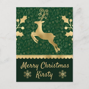 Groen & Goud Folie Kerst Rendier & Hulst Feestdagenkaart