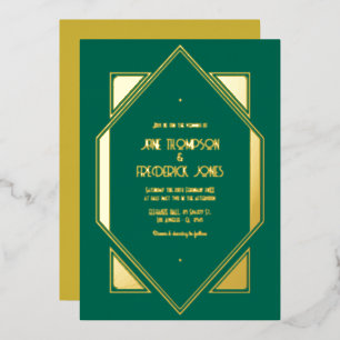 Groen & Goud Gatsby Art Deco Trouwfeest Folie Uitnodiging