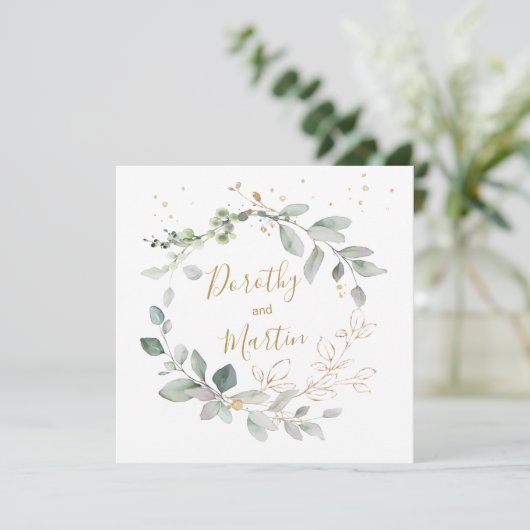 Groen & goud gebladerte bruiloft kaart (Staand voorkant)