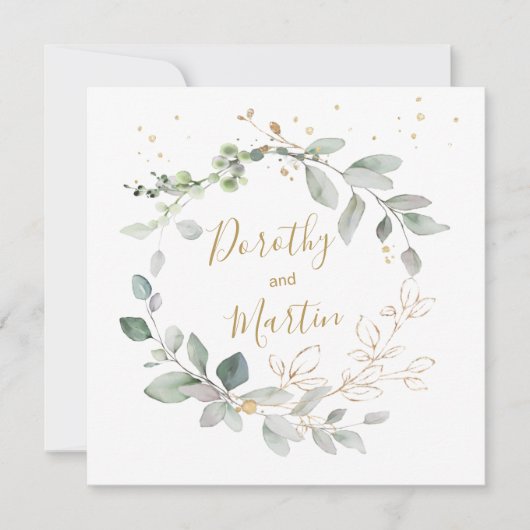 Groen & goud gebladerte bruiloft kaart (Voorkant)