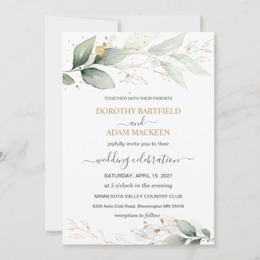 Groen & goud gebladerte bruiloft kaart (Voorkant)