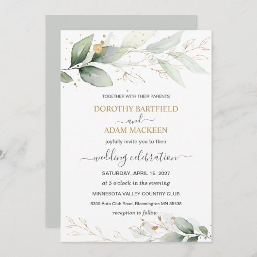 Groen & goud gebladerte bruiloft kaart (Voorkant / Achterkant)