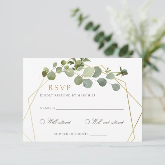 Groen Goud Geometrisch Lijst Elegant Bruiloft RSVP Kaart (Staand voorkant)
