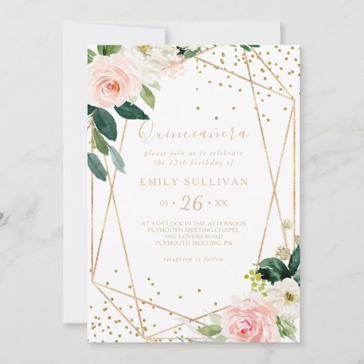 Groen Goud Geometrisch Quinceañera Verjaardagsfees Kaart (Voorkant)