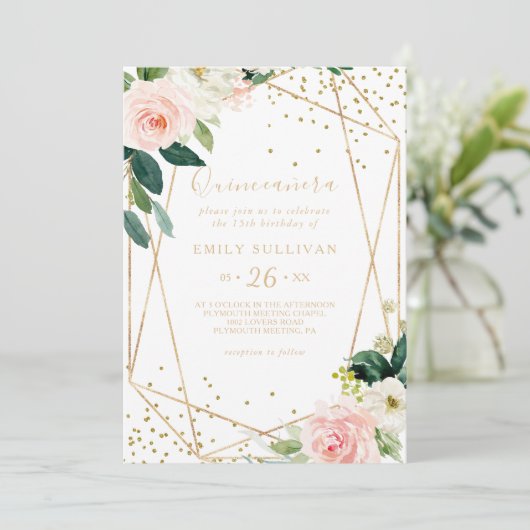 Groen Goud Geometrisch Quinceañera Verjaardagsfees Kaart (Staand voorkant)